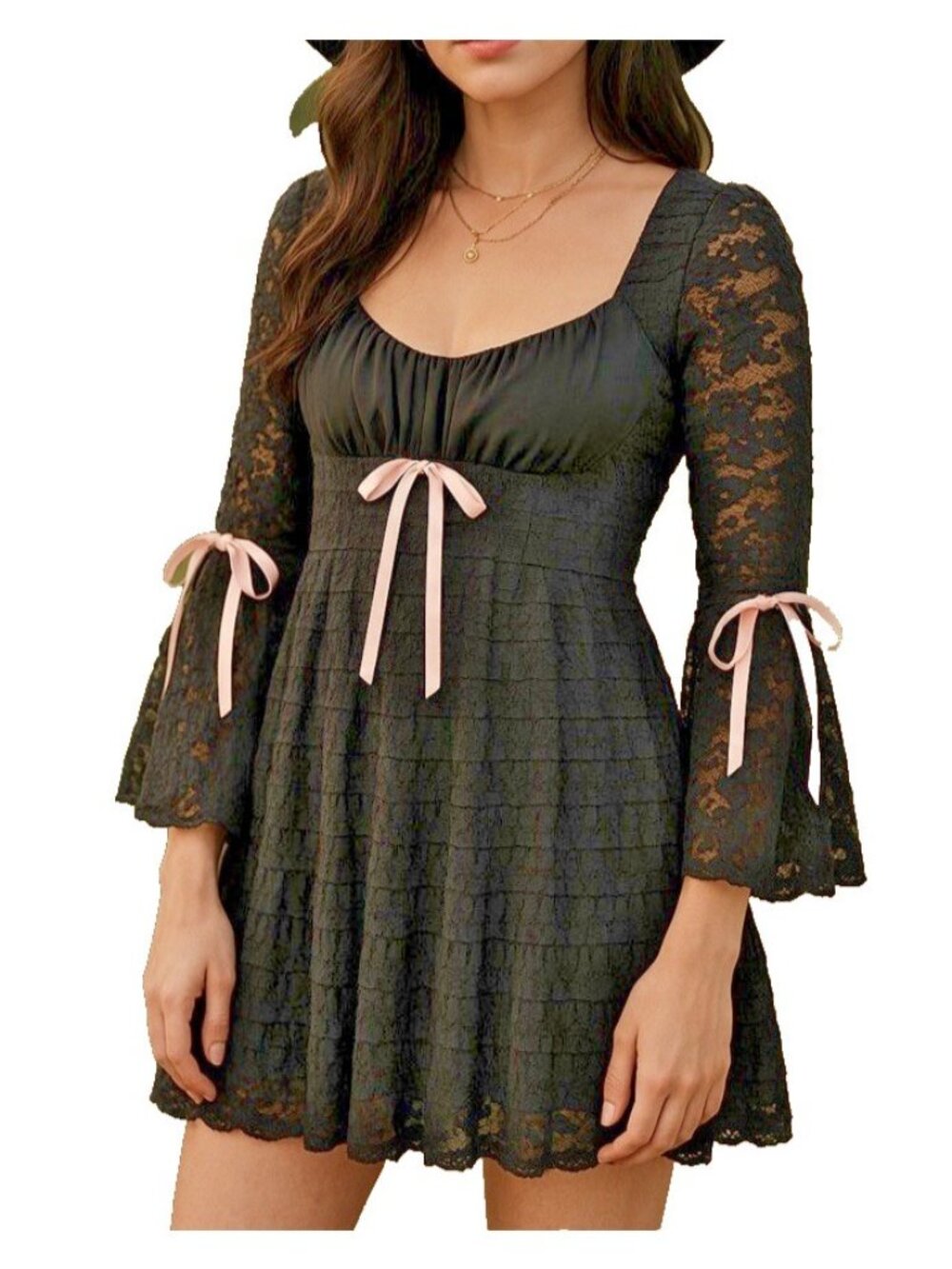 Dress wimsigoth Black Gwen Sz M Bell Sleeve Lace Pink Dark Bow Peep Q - Picture 1 of 12